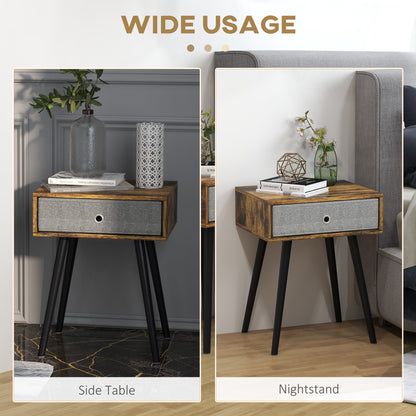 Loyo Set Of 2 Wooden Rustic Brown Industrial Bedside Tables With Grey Fabric Drawer