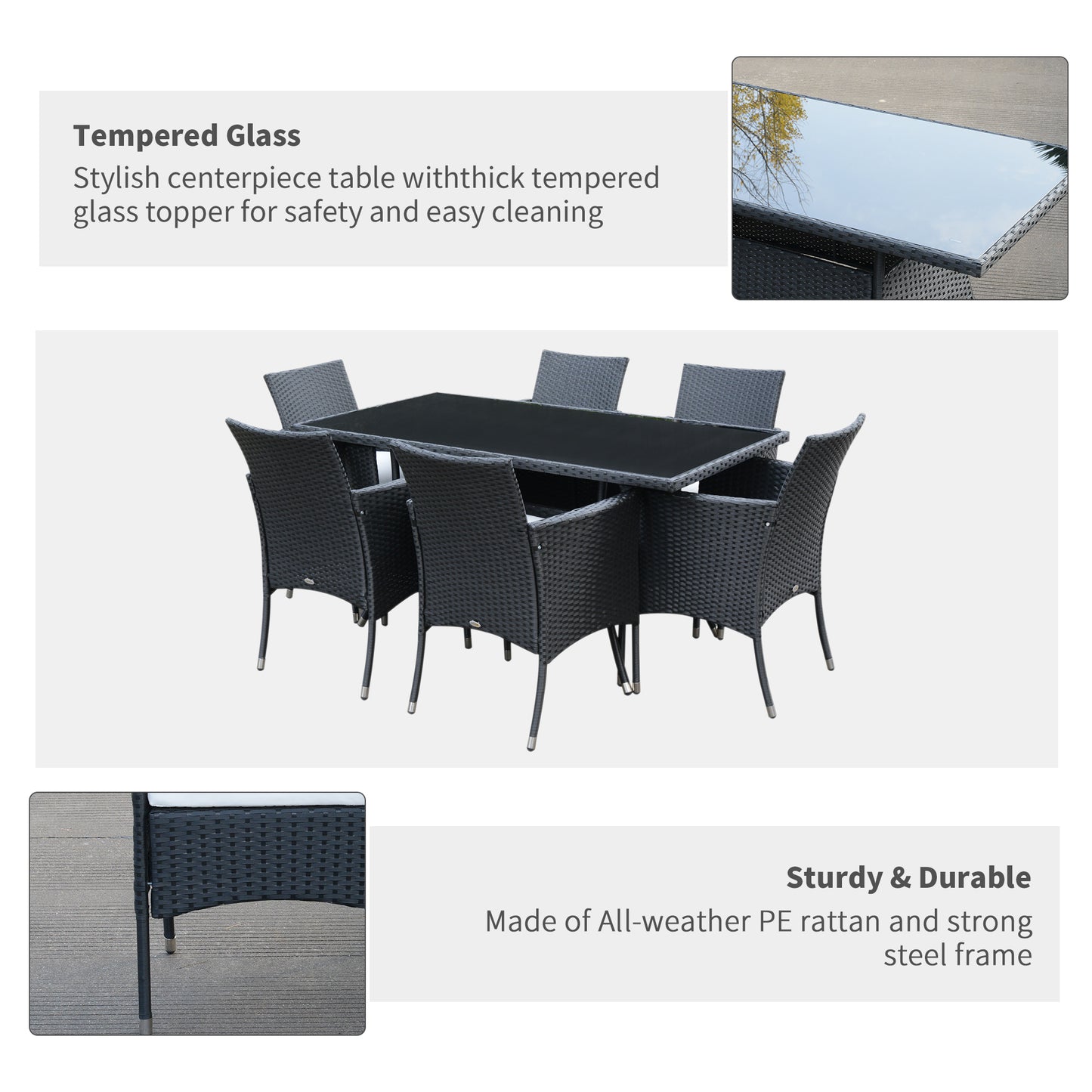 Loreke Black Rattan 6 Seater Outdoor Dining Set With Armchairs And Glass Top Table