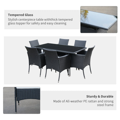 Loreke Black Rattan 6 Seater Outdoor Dining Set With Armchairs And Glass Top Table