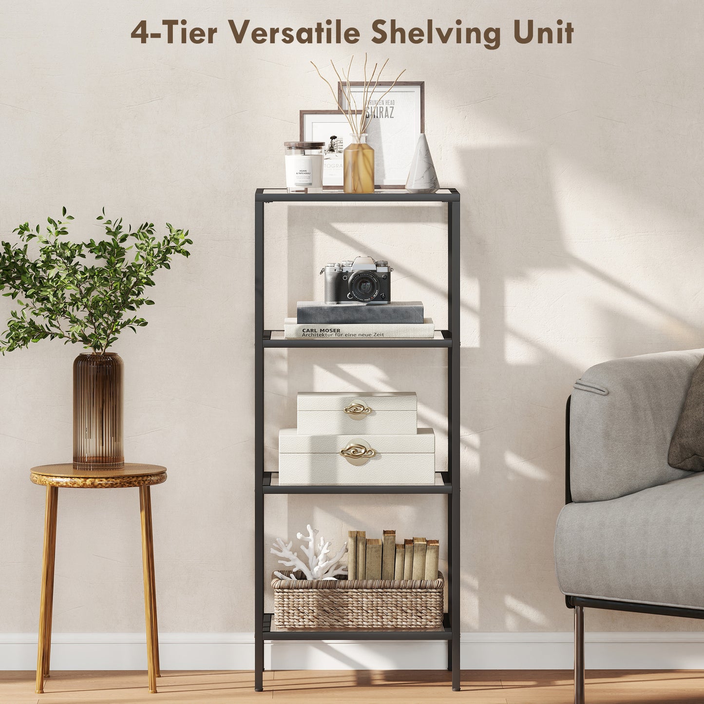 Elso Metal And Glass Black 4 Tier Vertical Shelving Unit For Living And Office Use