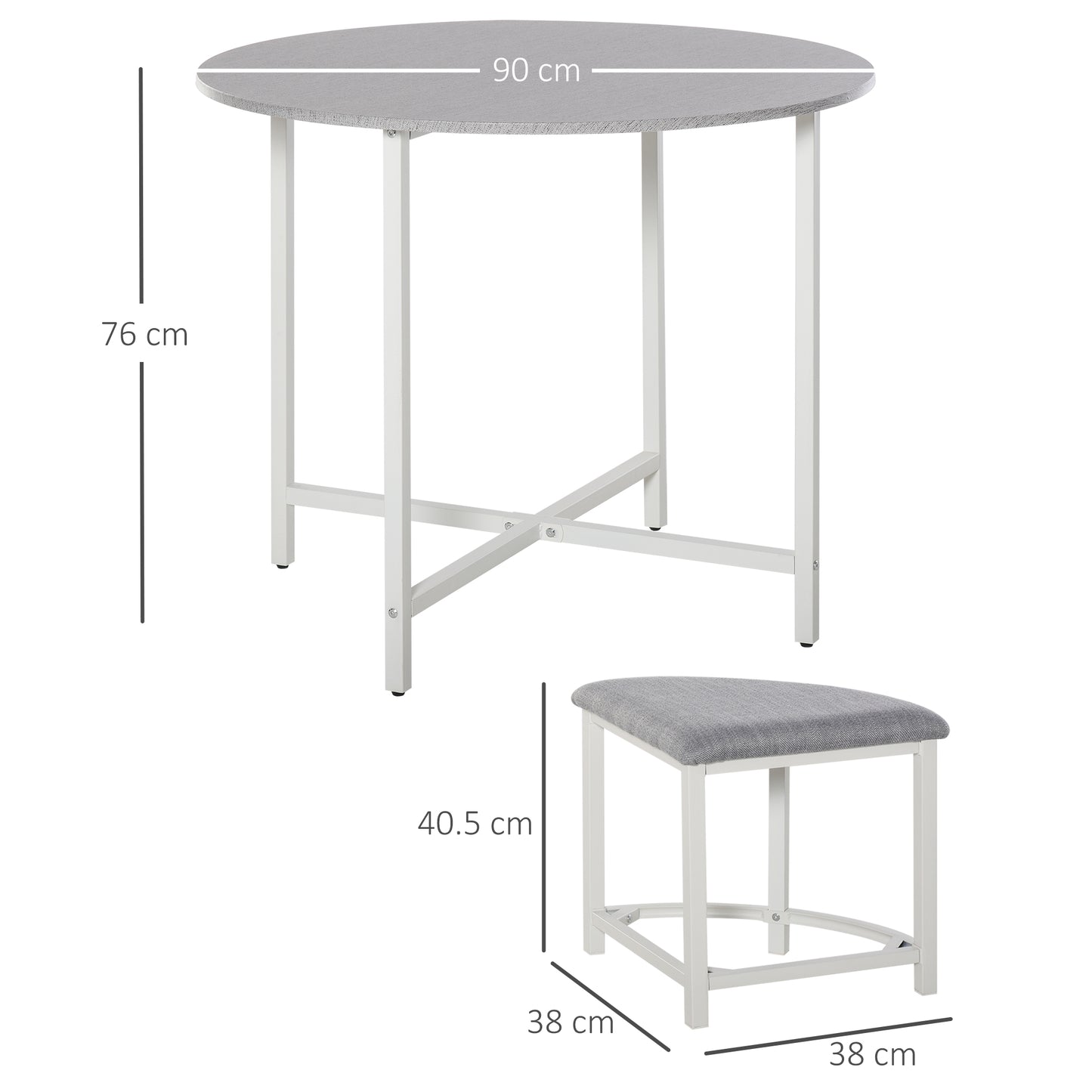Bavino Metal And Fabric Grey Round Dining Table With 4 Upholstered Stools