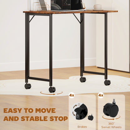 Zika 80cm Wooden Rustic Brown Folding Desk Lockable Wheels