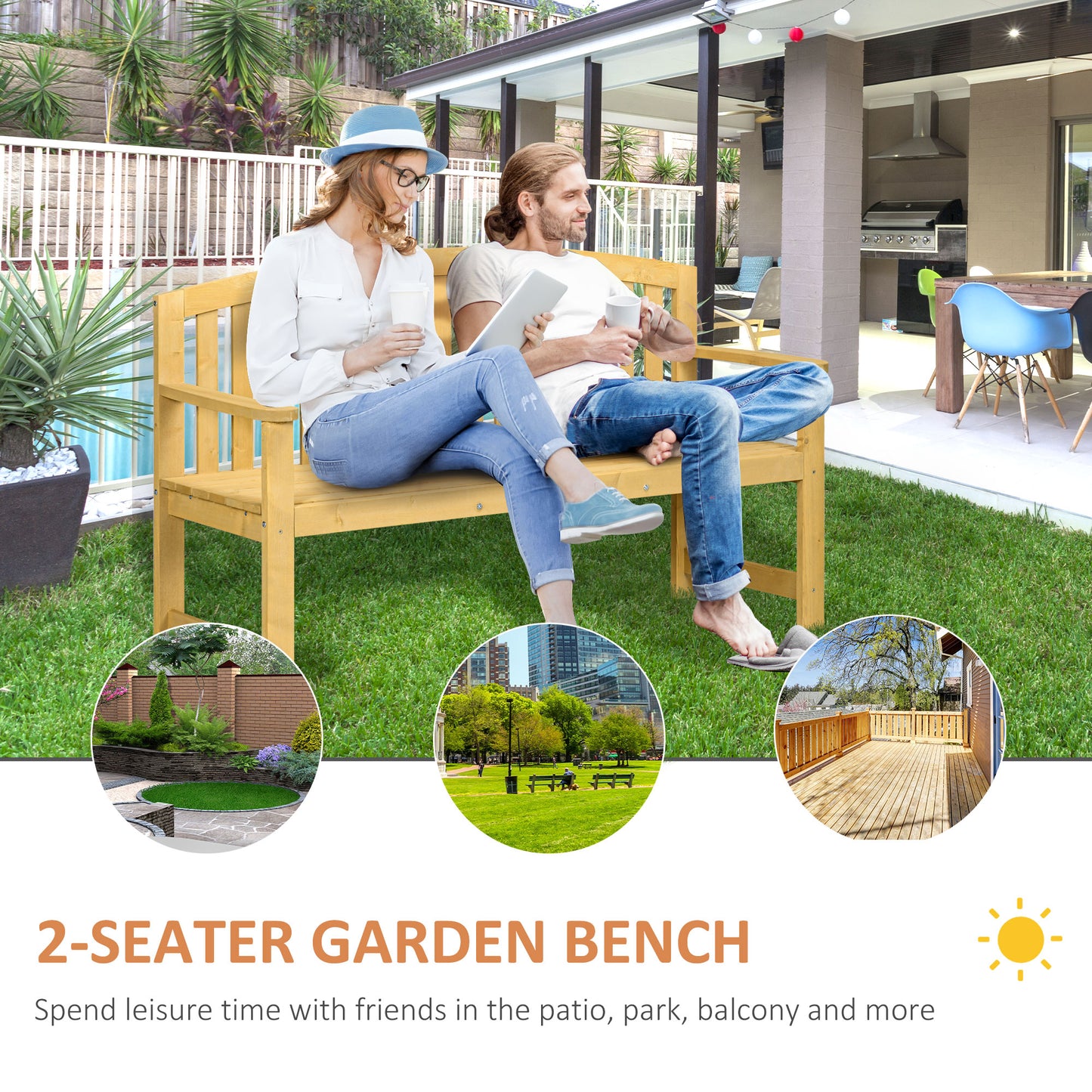 Tola 143cm Natural Wood 2 Seater Garden Bench With Armrests Slatted Frame
