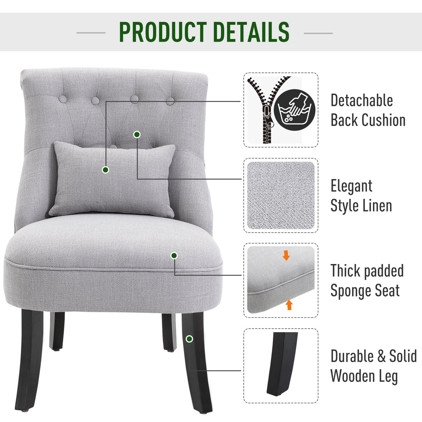 Lifasu Fabric Grey Tub Style Accent Chair With Pillow And Solid Wood Legs
