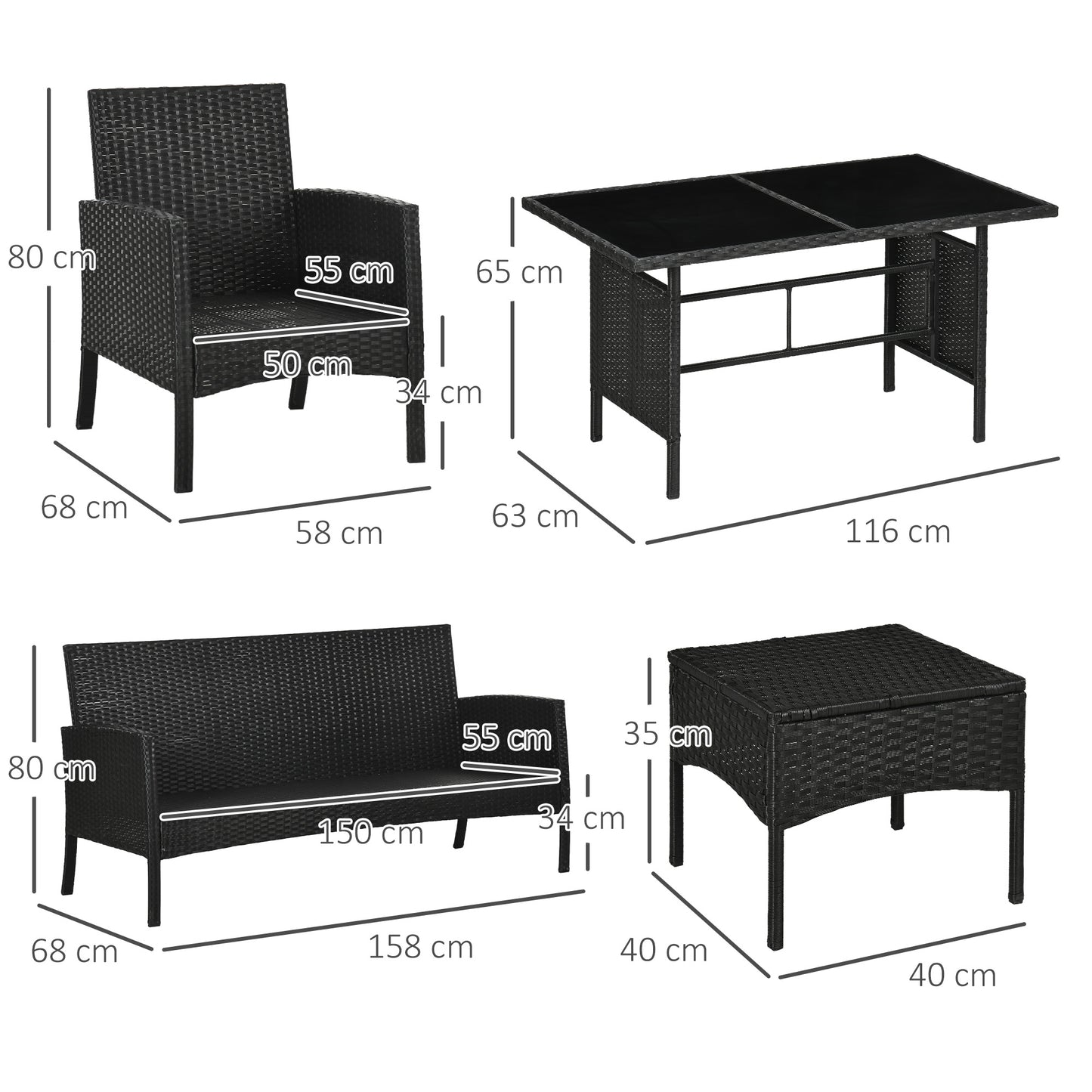 Coma 7 Seater Black and White Rattan Garden Sofa Set With Armchairs Footstools And Glass Dining Table