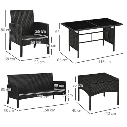 Coma 7 Seater Black and White Rattan Garden Sofa Set With Armchairs Footstools And Glass Dining Table