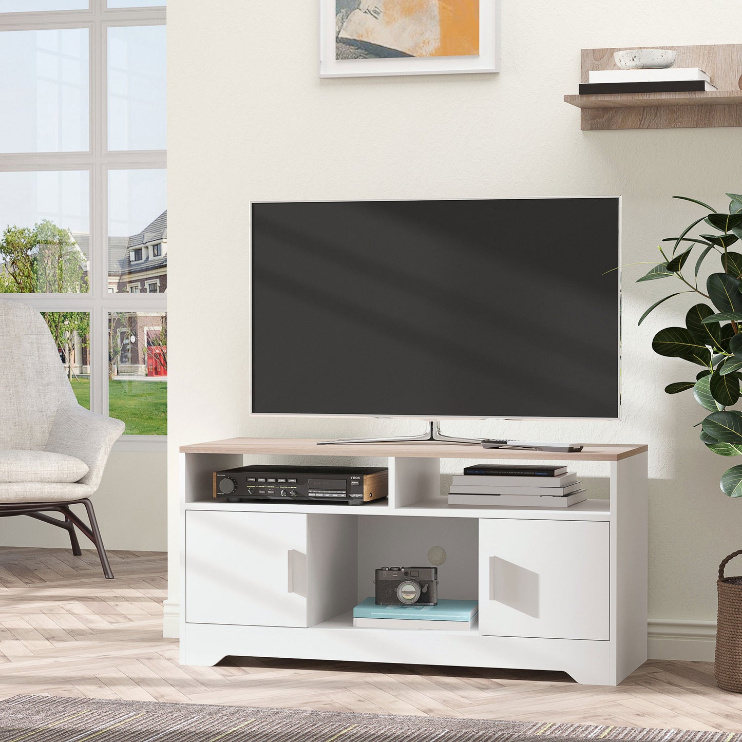 Tadori 105cm Vile Wooden White Modern TV Console 2 Doors and Open Shelves