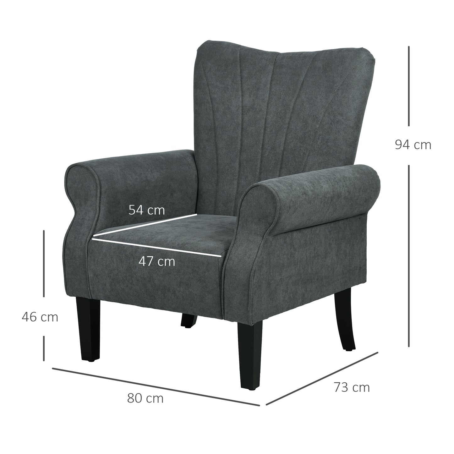 Suri Mid Century Dark Grey Accent Armchair With Rolled Arms And Wooden Legs