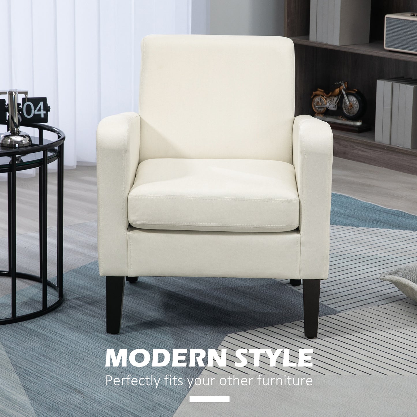 Venena Cream Fabric Upholstered White Accent Chair With Black Wooden Legs