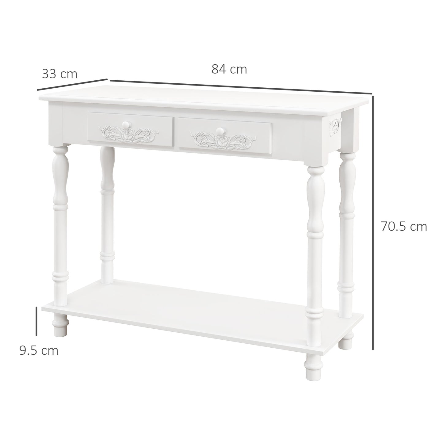 Relo Wooden White French Console Table With Drawers And Bottom Shelf