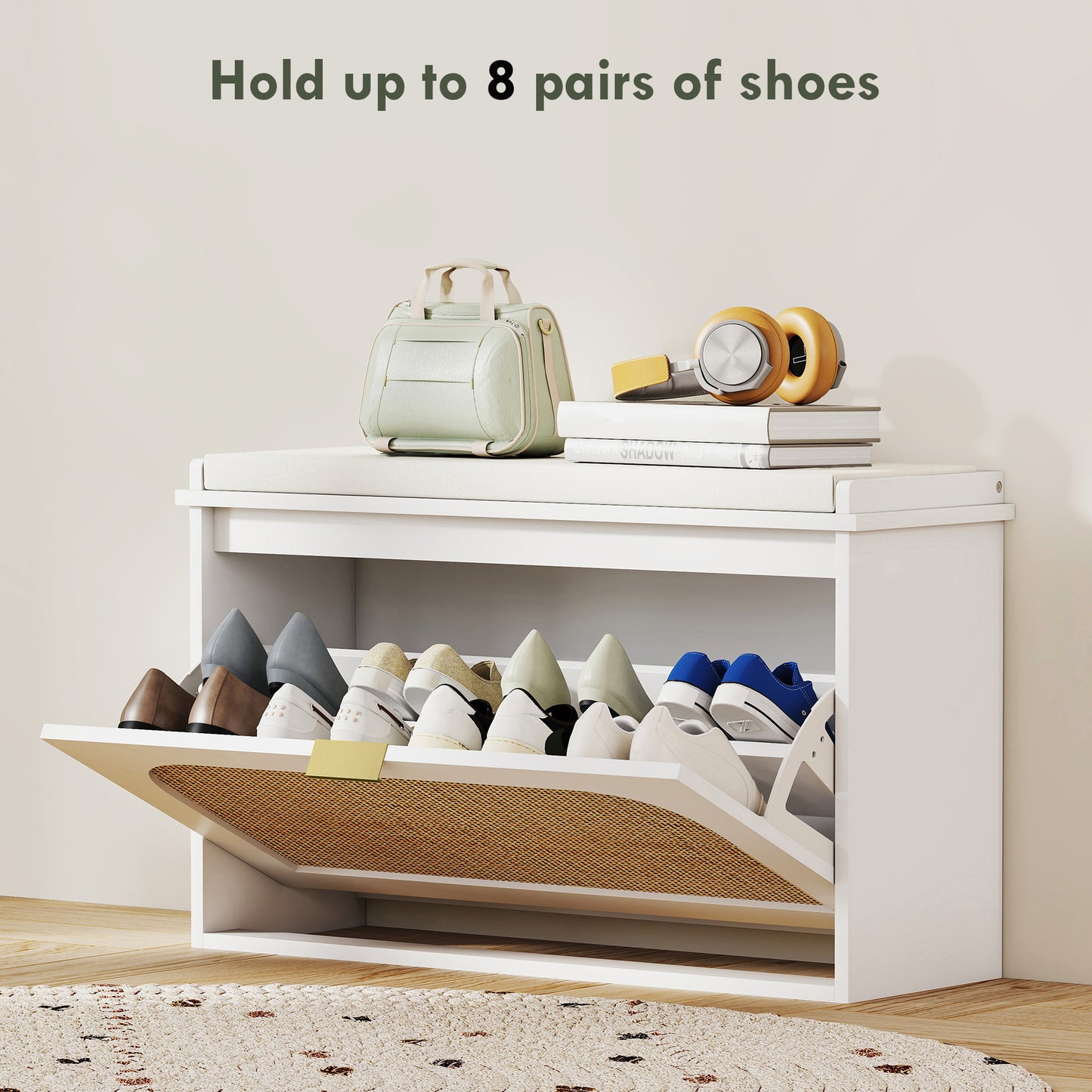 Kekami Wooden White Boho Style Shoe Bench With Cushioned Seat And Flip Drawer