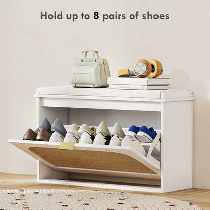 Kekami Wooden White Boho Style Shoe Bench With Cushioned Seat And Flip Drawer