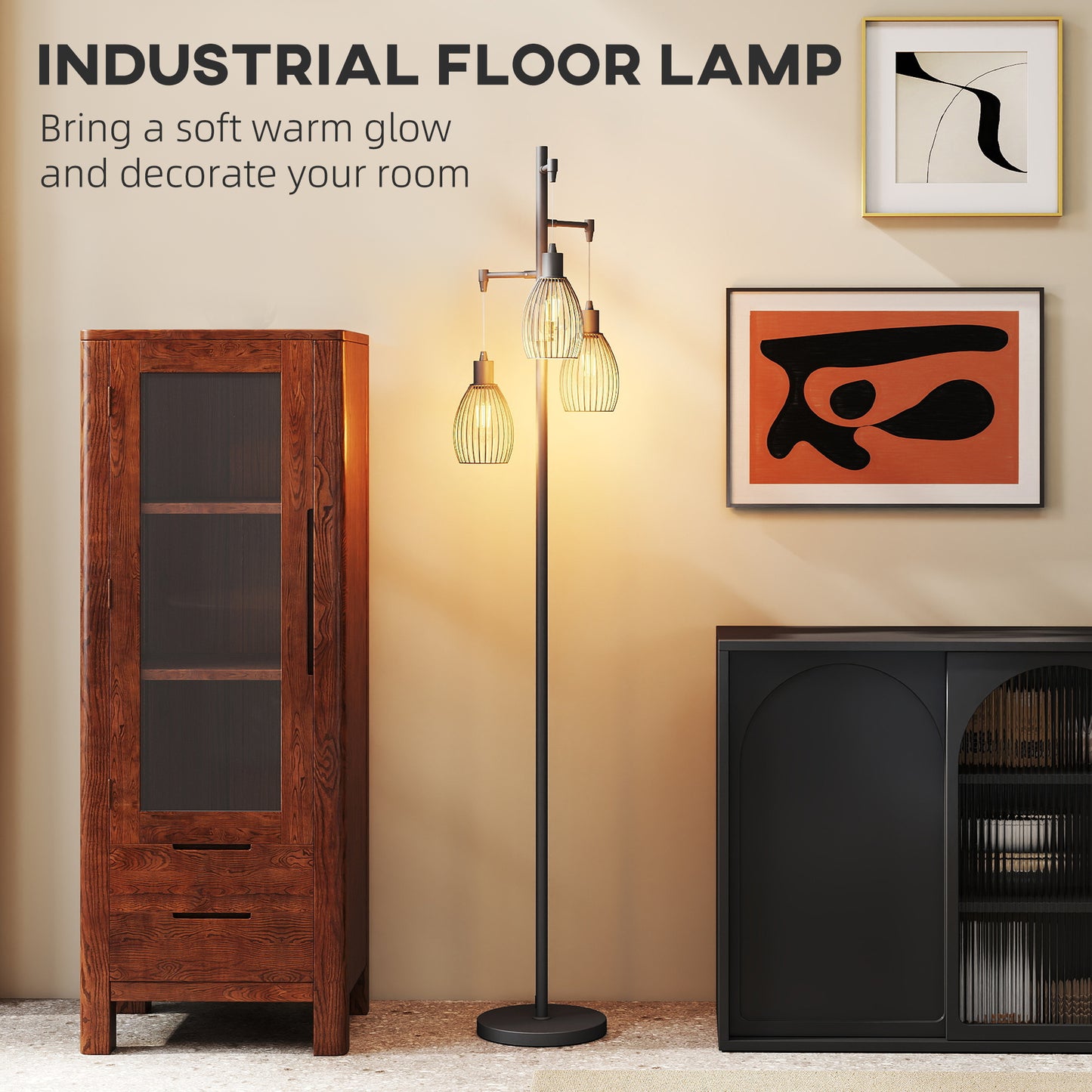 Tane Metal Black Industrial 3 Light LED Floor Lamp With Wire Cage Shades