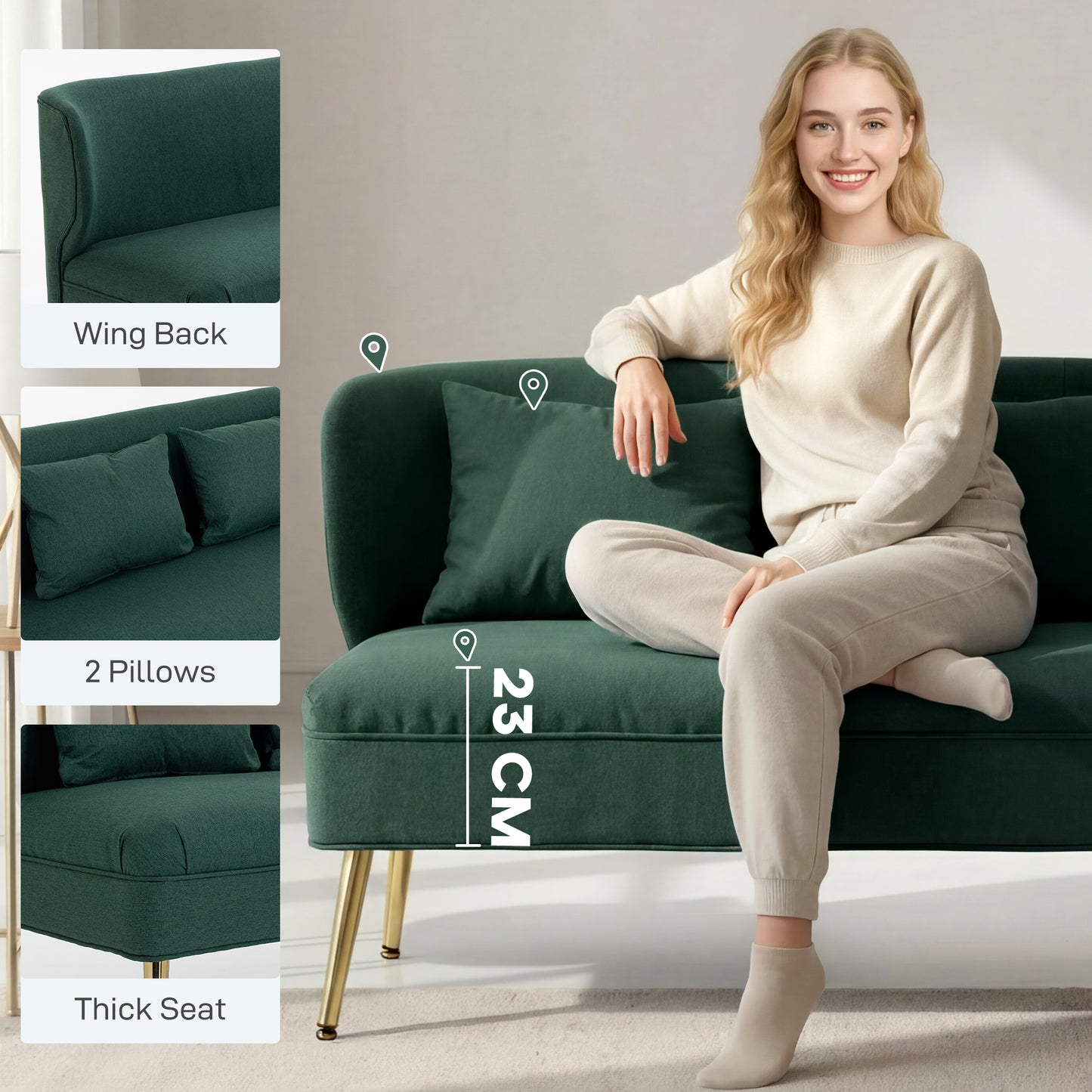 Madi Linen Effect Dark Green 2 Seater Sofa With Wingback Design And Gold Metal Legs