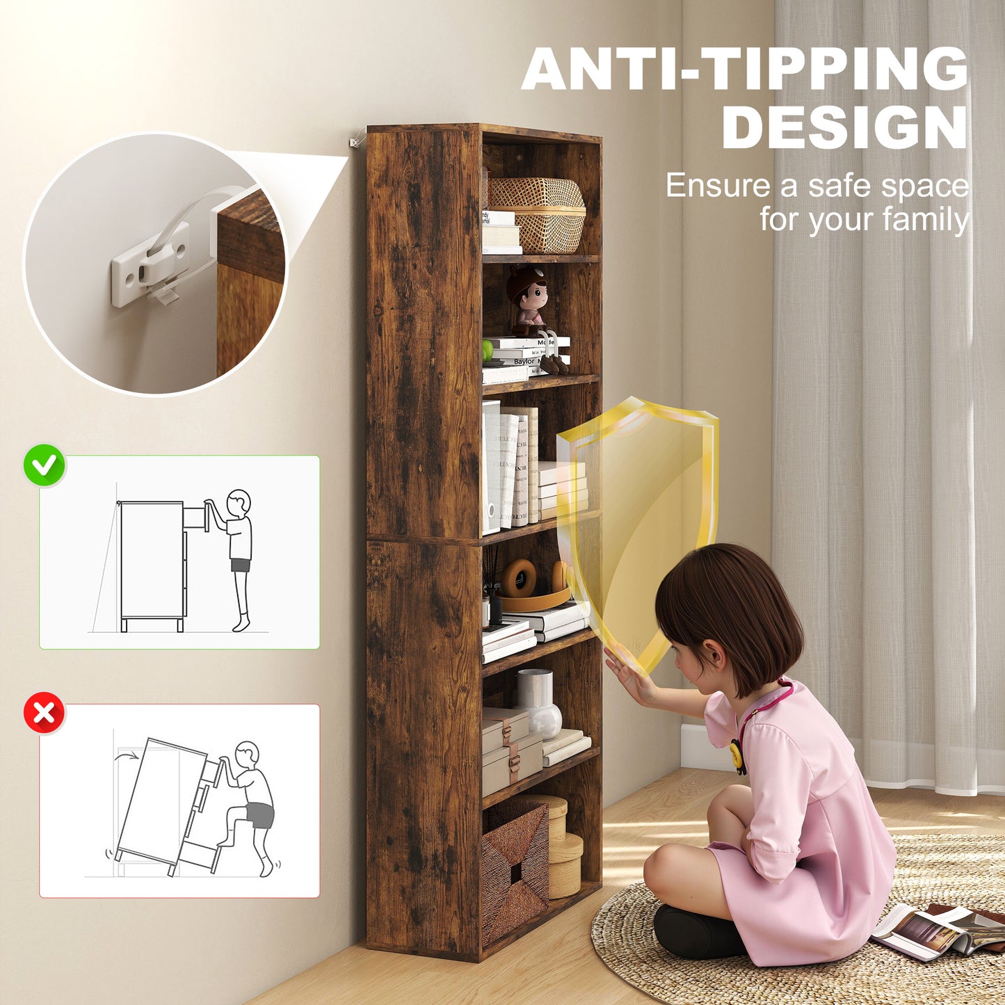 Loama Wooden Rustic Brown 6 Tier Storage Bookcase