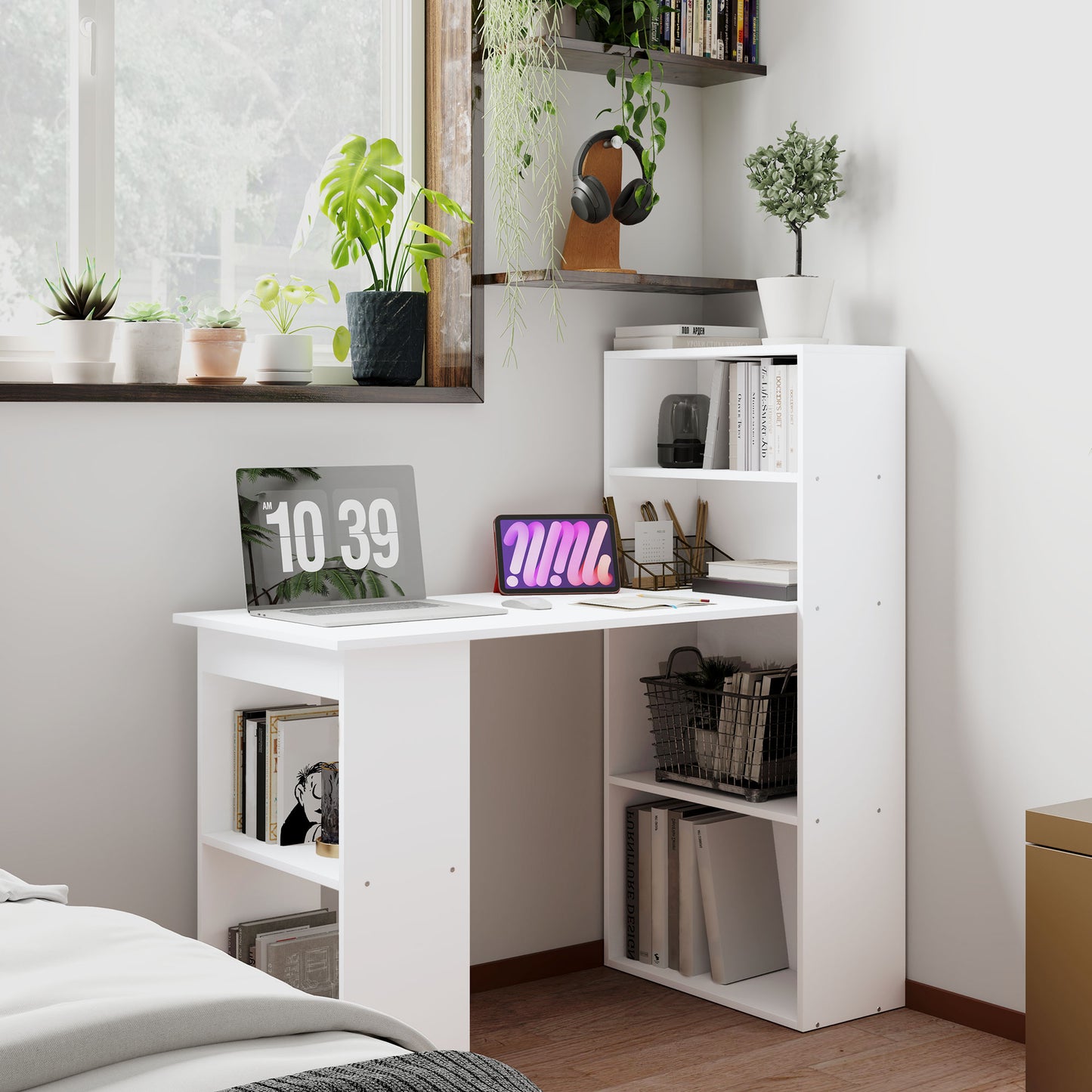 Zire 120cm Wooden White Study Desk With 6 Tier Bookshelf Storage