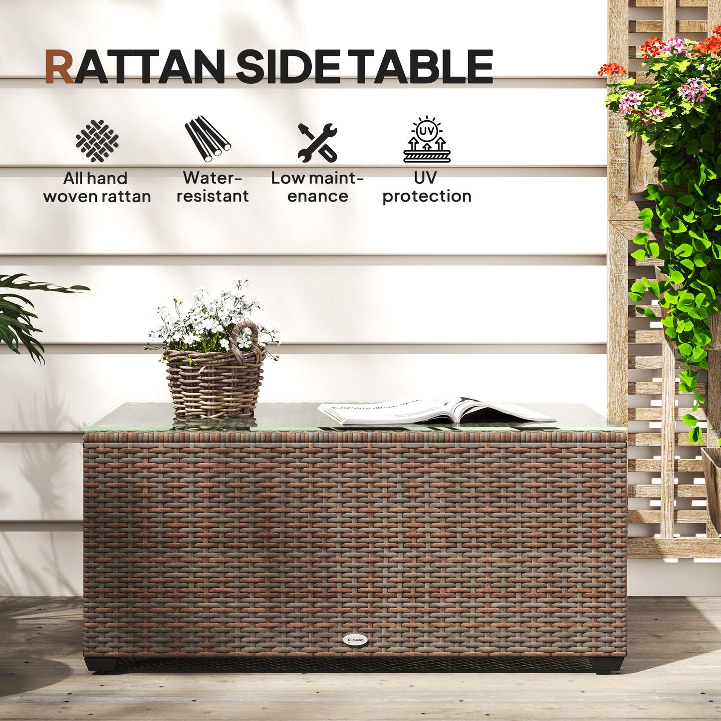 Pata Rattan Brown Rattan Outdoor Coffee Table Glass Top