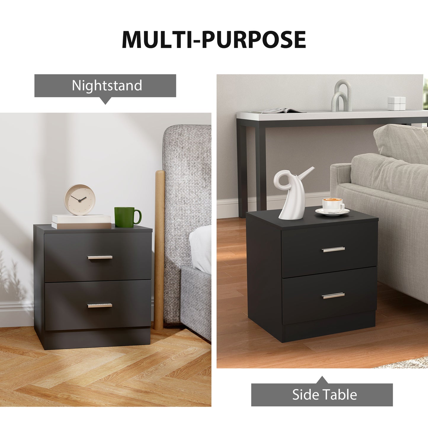 Rapa Raka Black Modern Bedside Table With 2 Drawer Storage