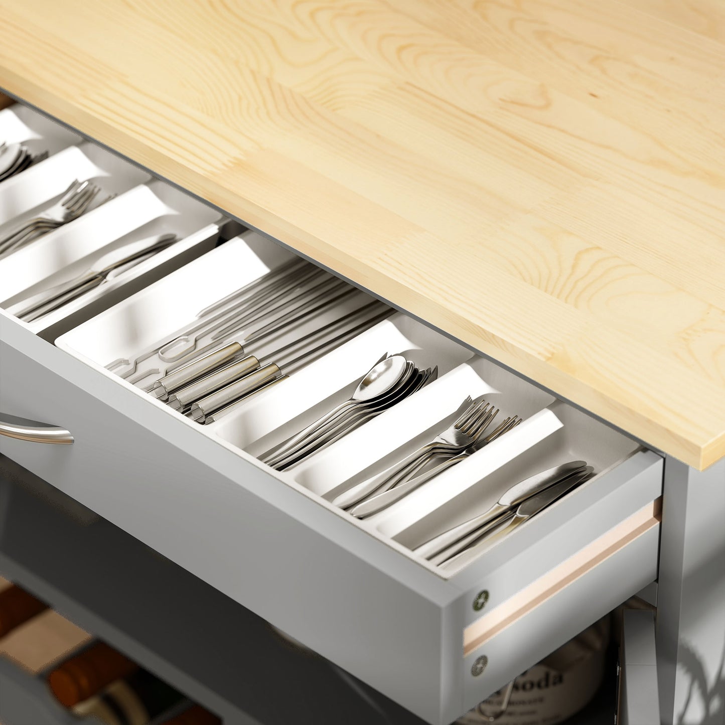 Lehari Grey Wooden Rolling Kitchen Island With Drawer Wine Rack Door Cabinets And Natural Wood Top