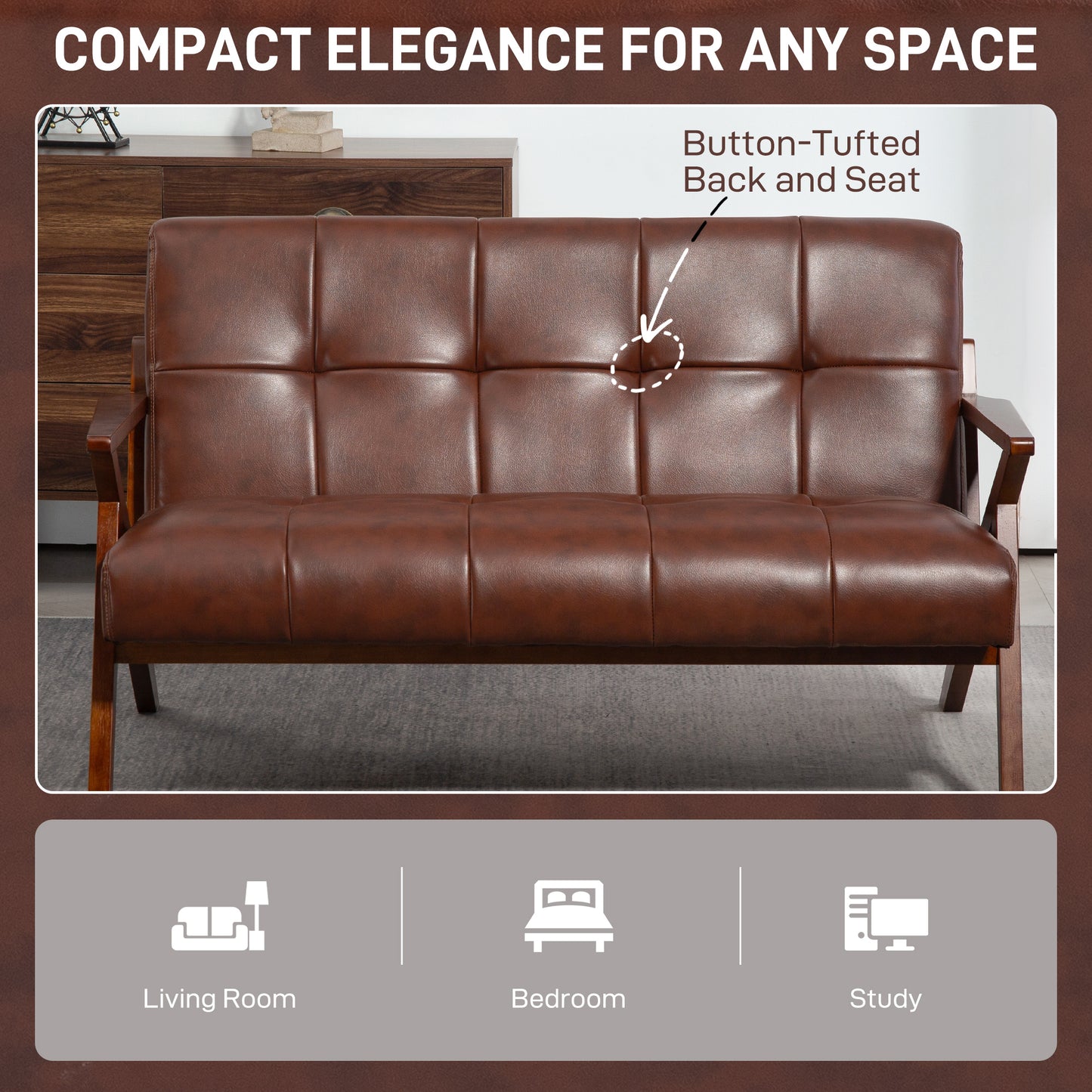 Kara Faux Leather Brown Compact 2 Seater Sofa With Tufted Back