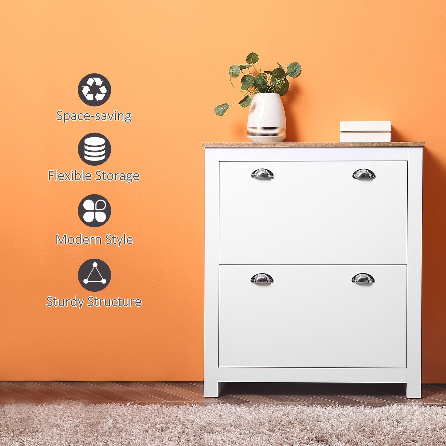Neneka Wooden White and Natural Slim Shoe Cabinet With 2 Flip Drawers For 12 Pairs