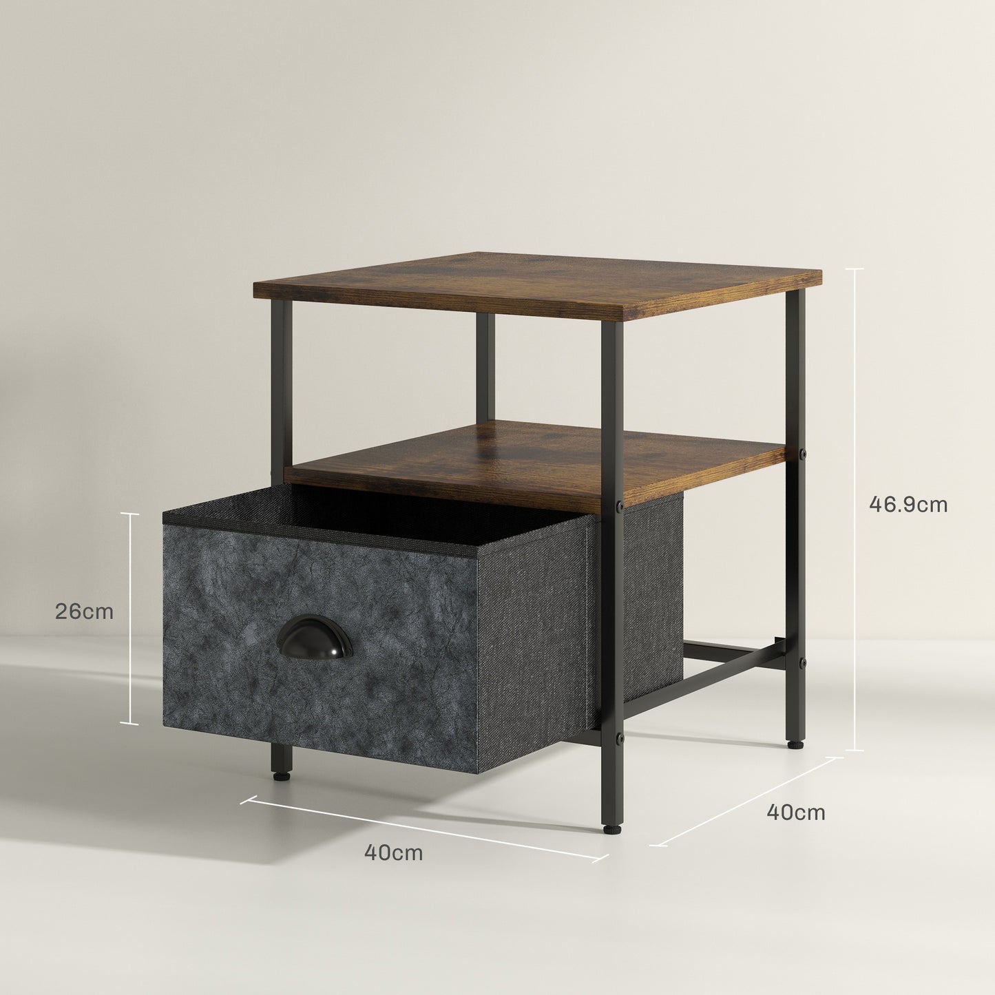 Nehayo Set of 2 Wooden Rustic Brown Bedside Tables With Grey Fabric Drawers