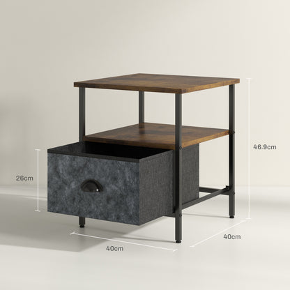 Nehayo Set of 2 Wooden Rustic Brown Bedside Tables With Grey Fabric Drawers