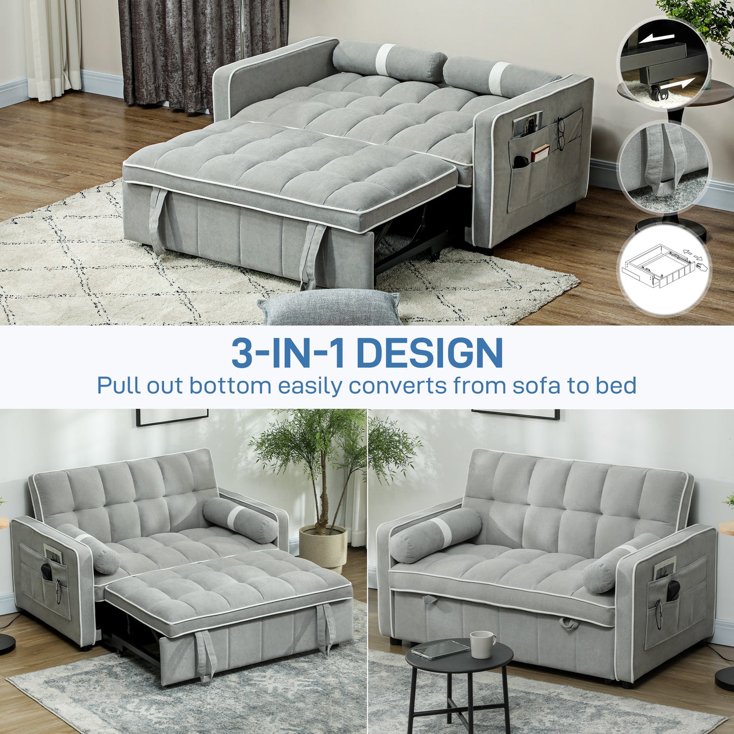 Tapa Linen Effect Light Grey Upholstered 2 Seater Sofa Bed White Trim