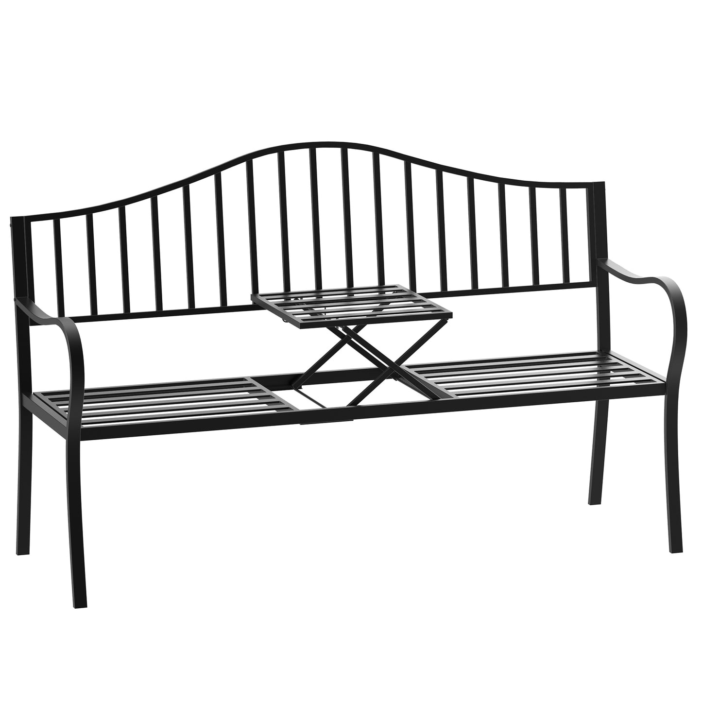 Metal Black Garden Bench With Integrated Side Table 150 cm