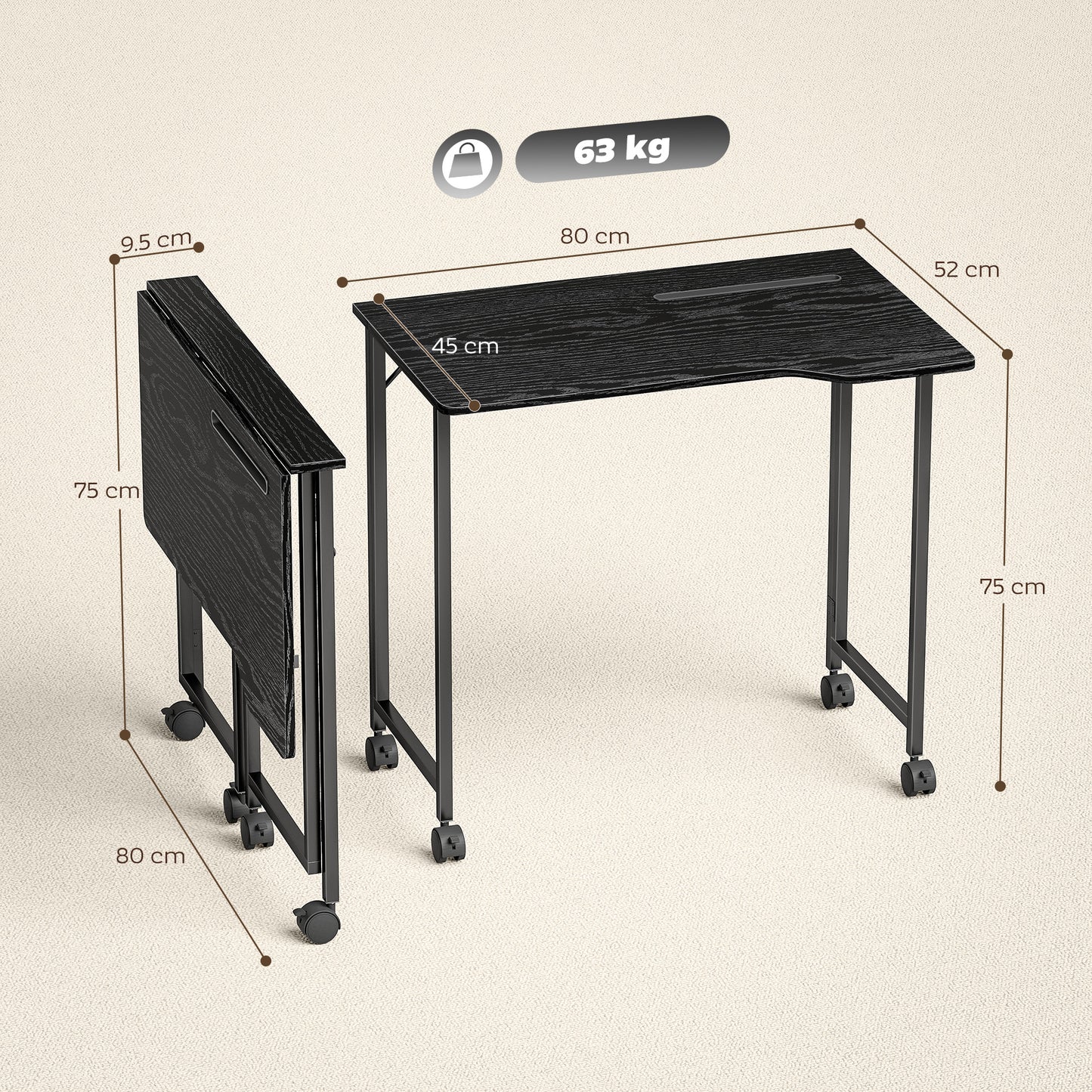 Schut 80cm Wooden Black Folding Desk Lockable Wheels