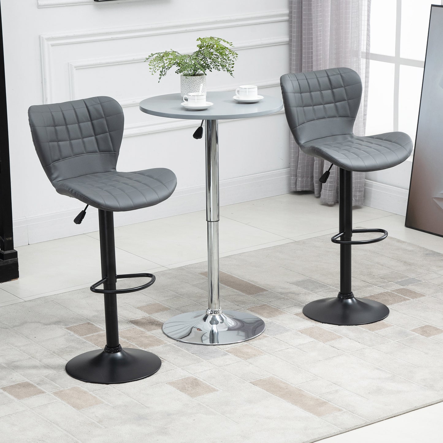 Patari Set Of 2 Faux Leather Grey Adjustable Bar Chairs With Backrest And Footrest