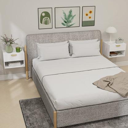 Ludi Set Of 2 Wooden White Wall Mounted Bedside Tables With Fluted Drawer And Shelf