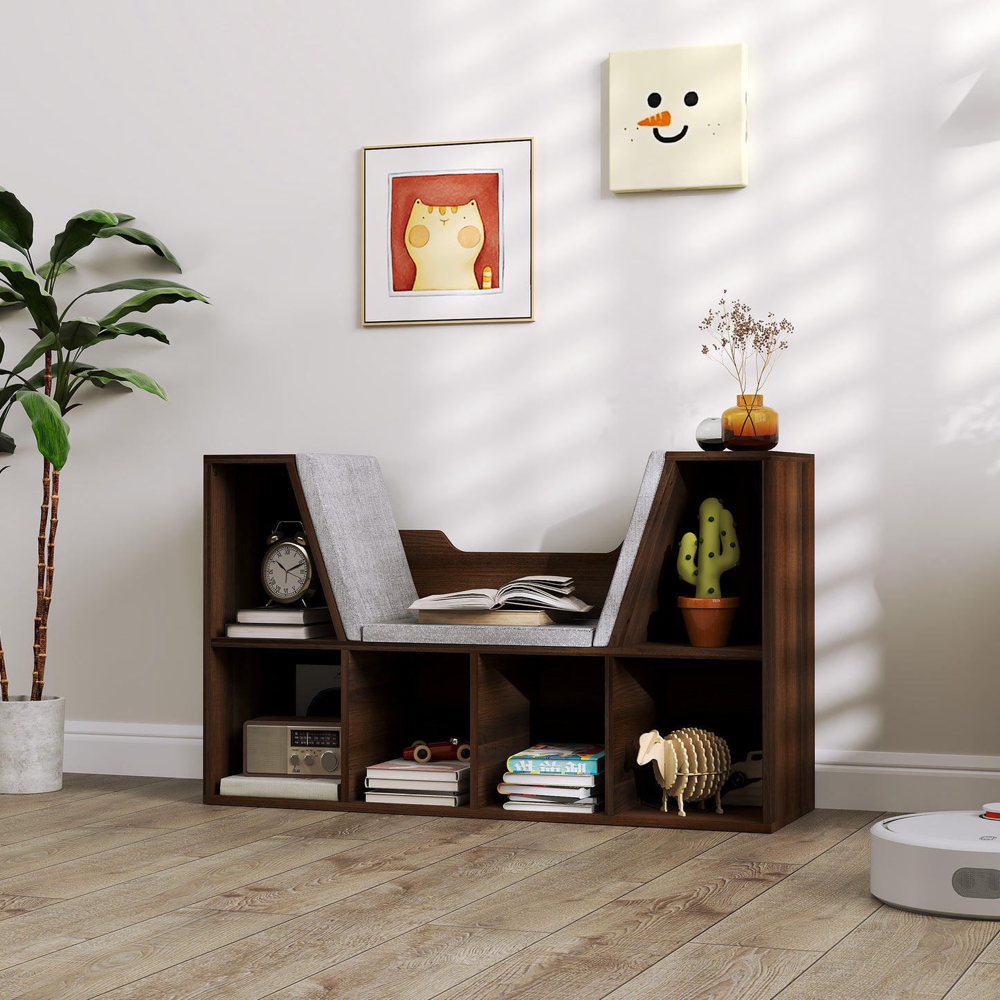 Elka Lado Wood Chestnut Cube Bookcase With Cushioned Reading Seat