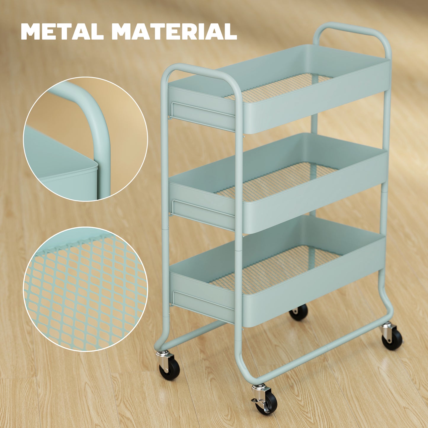 Nokeyo Metal Light Green 3 Tier Rolling Utility Trolley With Mesh Baskets