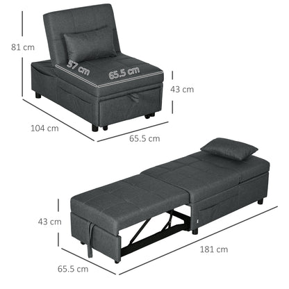 Bazi Fabric Grey 4 In One Convertible Chair Bed With Adjustable Back Side Pocket Wheels And Pillow