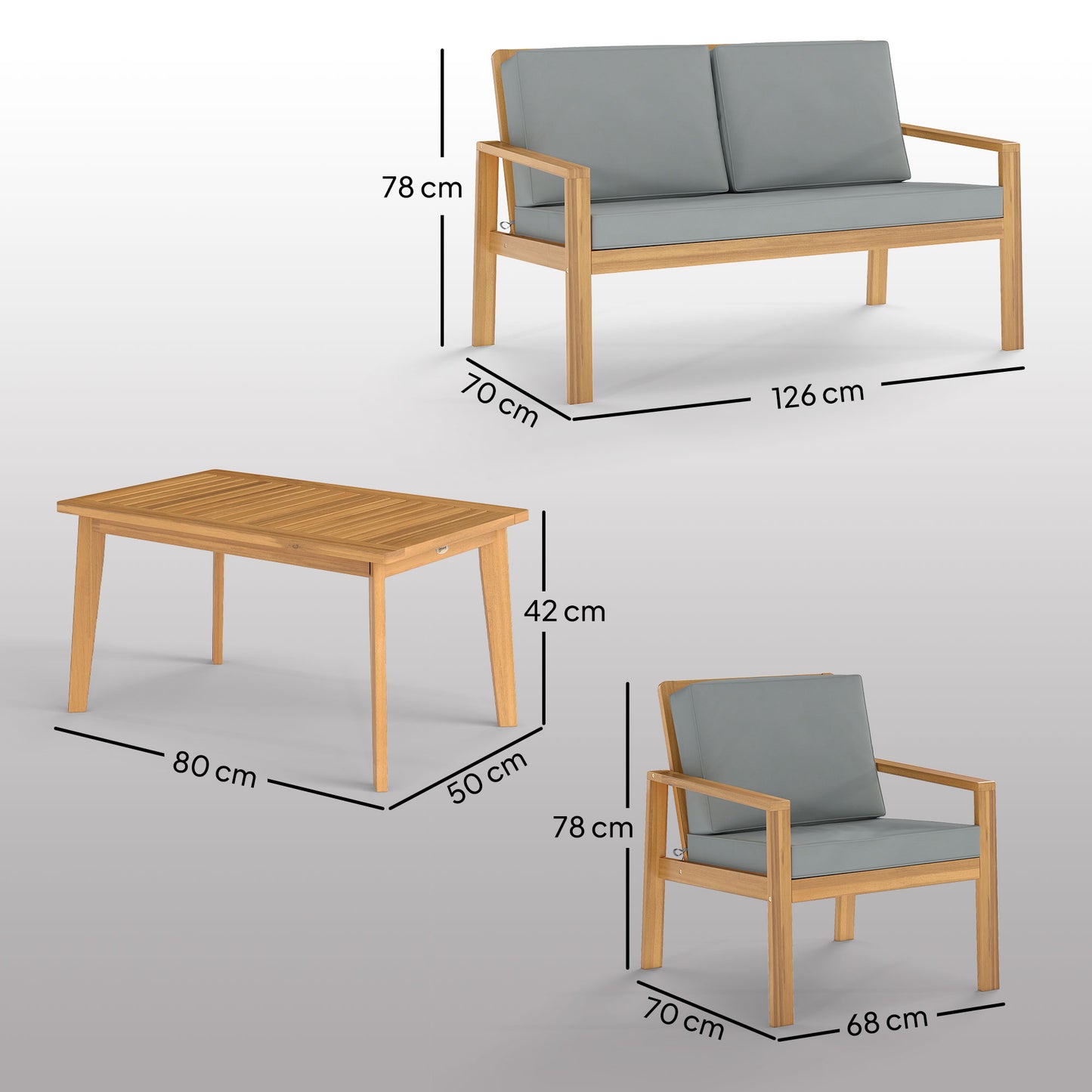 Rotoyo Teak Wood 4 Seater Outdoor Garden Furniture Set with Grey Cushions