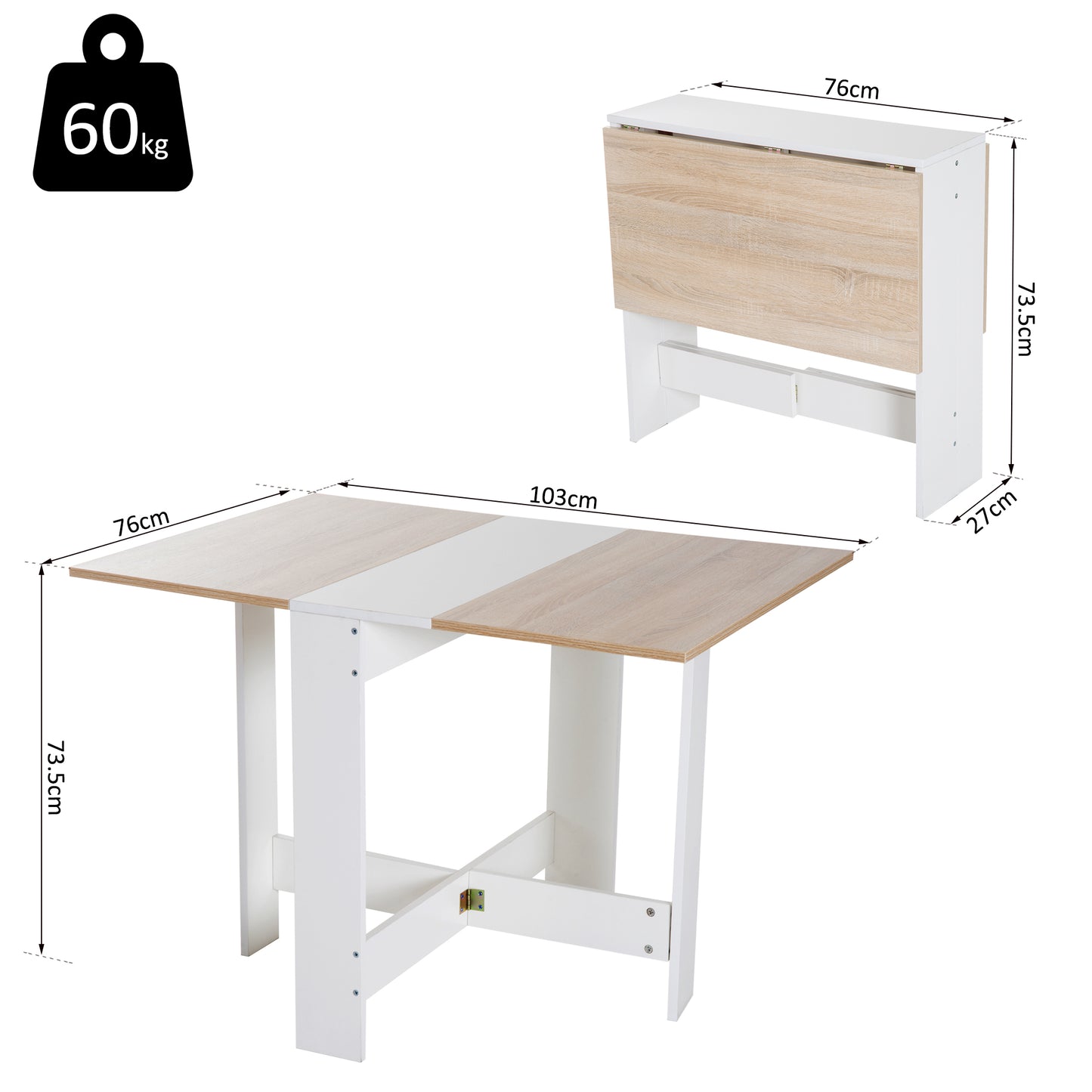 Elma Wooden Oak And White Drop Leaf Dining Table For 4 To 6 People