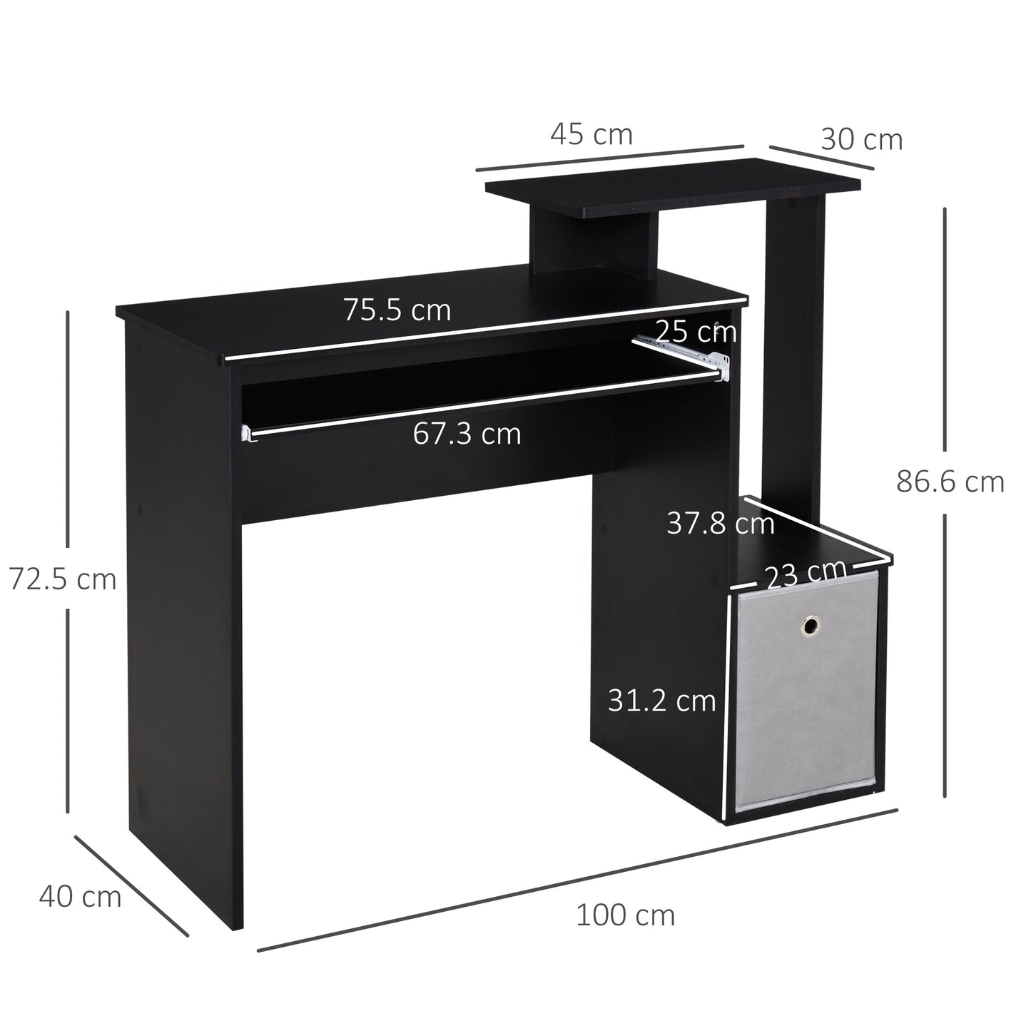 Noelni 100cm Wooden Black Home Office Desk With Sliding Keyboard Tray Drawer And Shelving