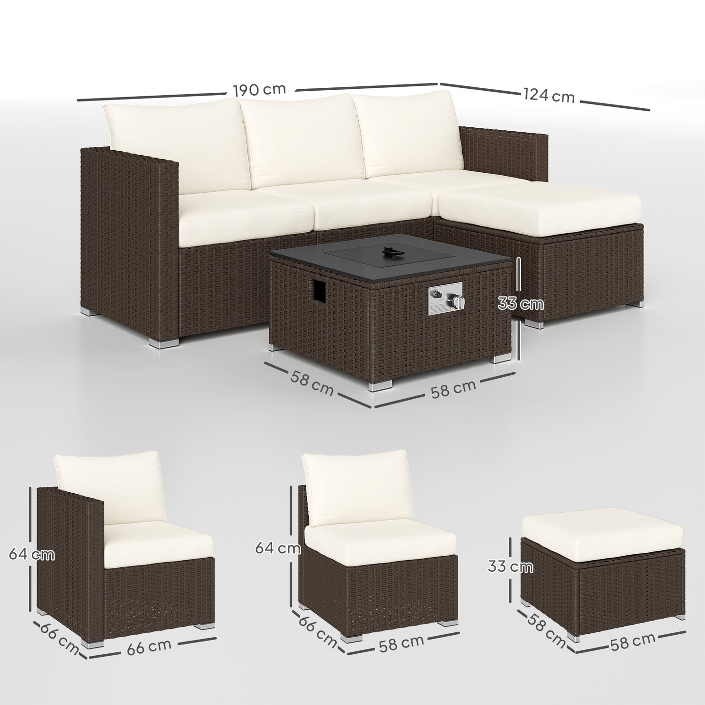 Dirone Rattan Brown And Cream 4 Seater Garden Furniture Set With Gas Fire Pit Table And Footstool