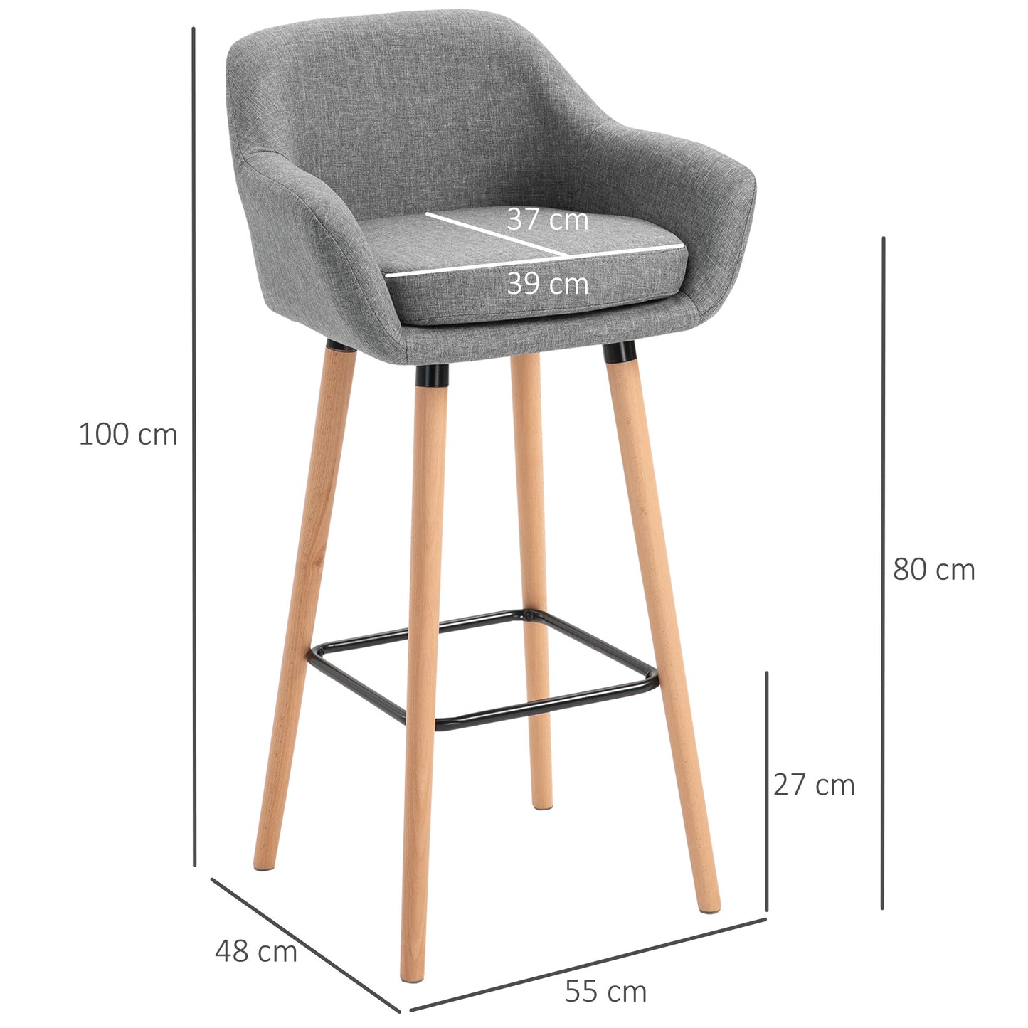 Nonozzi Fabric Grey Upholstered Bar Chairs Set Of 2 With Solid Wood Legs And Metal Frame