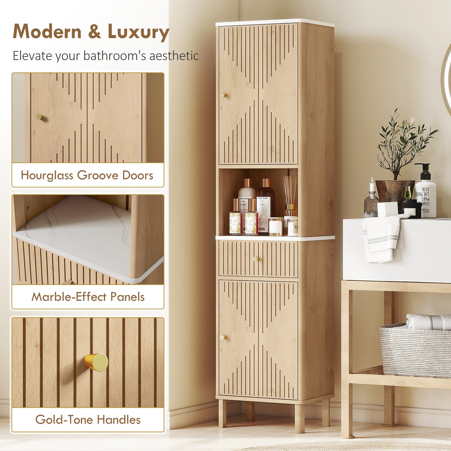 Fasu Slim Bathroom Storage Cabinet With Soft Close Drawer Rail Wood Effect Finish
