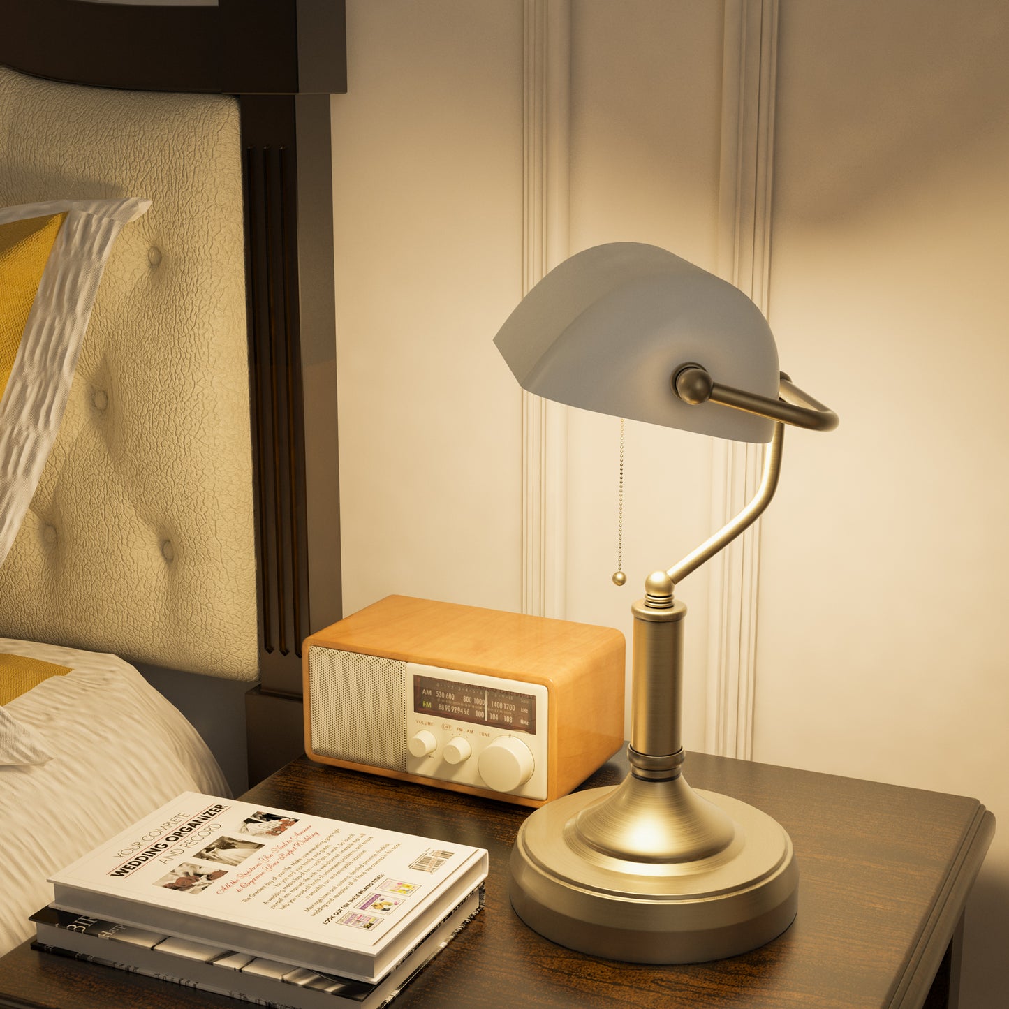 Yori Metal And Glass White Bankers Desk Lamp With Antique Bronze Tone Base