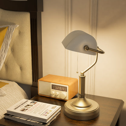 Yori Metal And Glass White Bankers Desk Lamp With Antique Bronze Tone Base