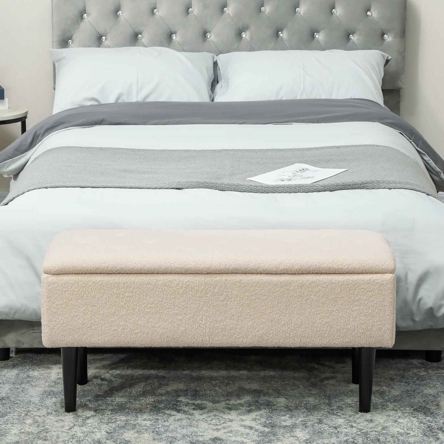 Nevano Boucle Cream Storage Ottoman Teddy Fleece