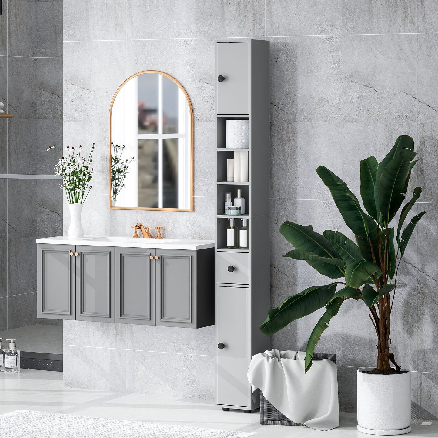 Tasere Tall Slim Bathroom Storage Cabinet With Drawers Shelves And Cupboards Grey