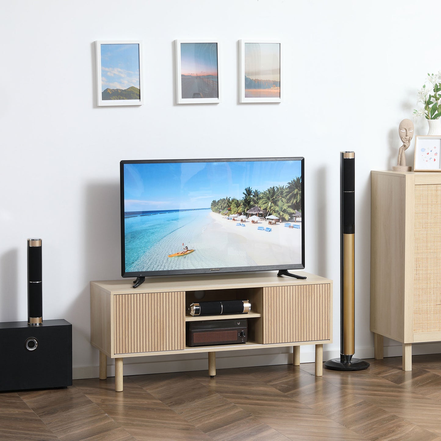 Rodo Wooden Oak Effect TV Storage Unit With Sliding Door Design