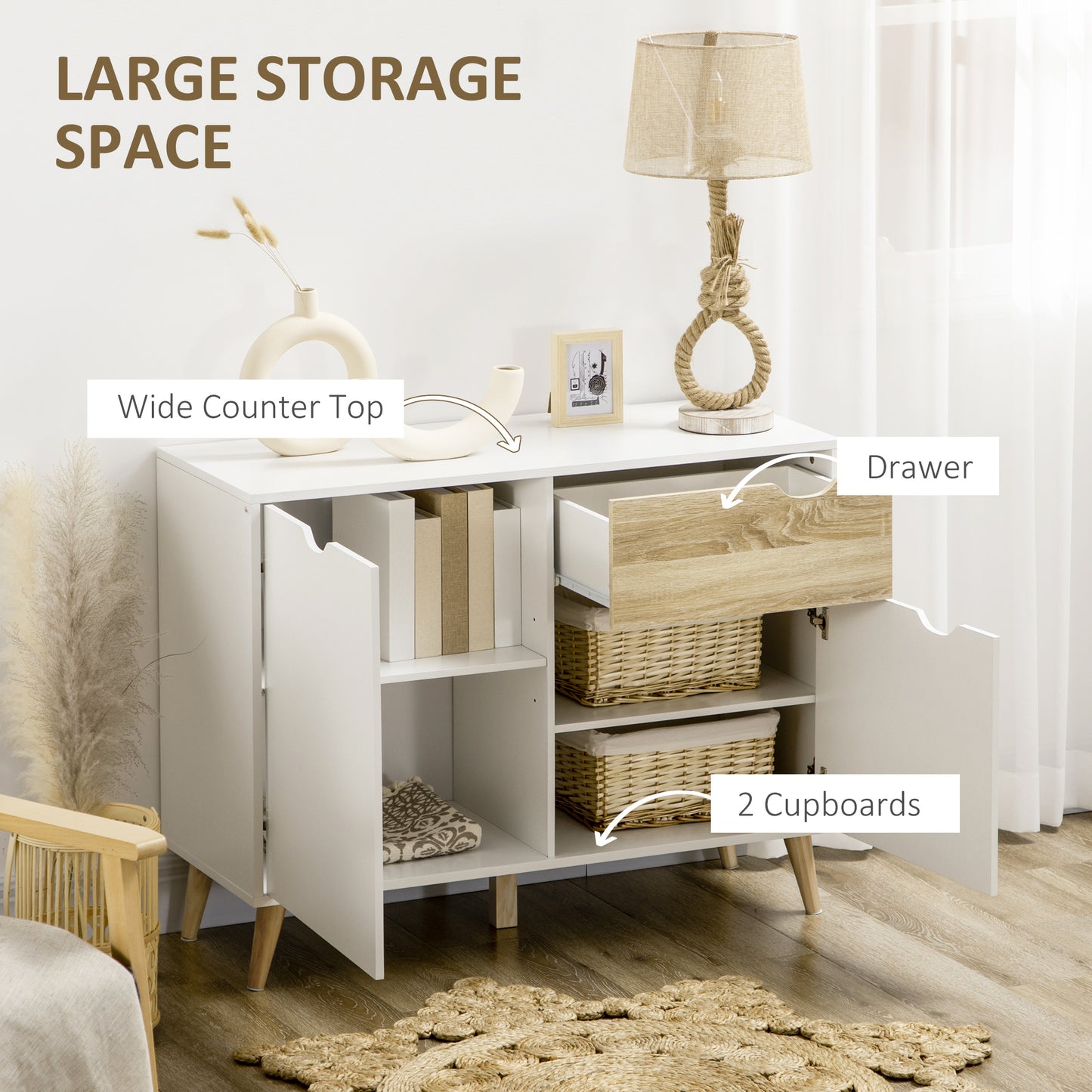 Diha White and Natural Scandi Sideboard 1 Storage Drawer 2 Doors Cabinet
