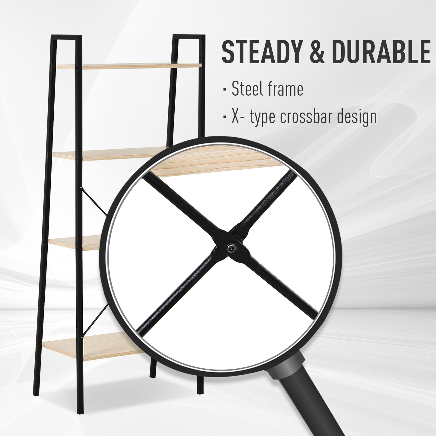 Karafi Lura Wood And Metal Oak And Black 4 Tier Ladder Style Bookshelf