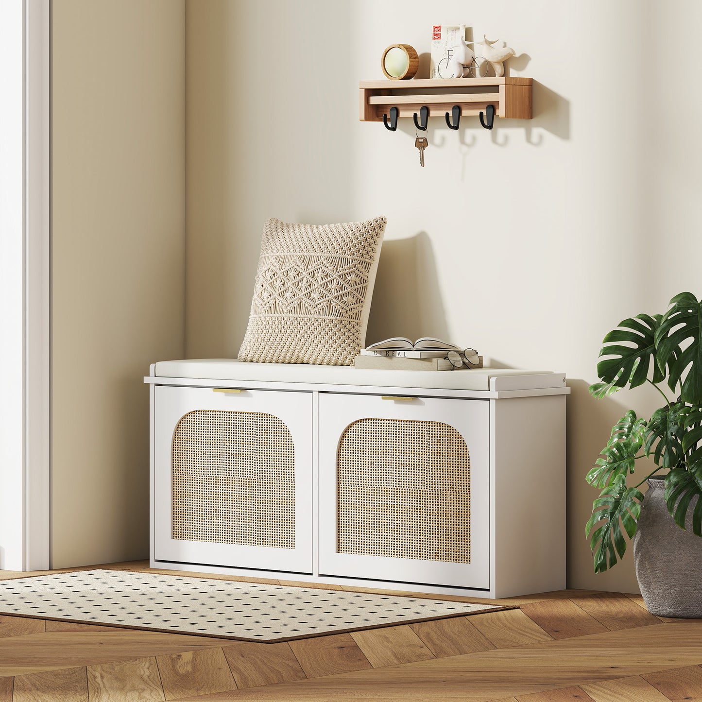 Hano Wooden White Boho Style Shoe Bench With Cushioned Seat And 2 Flip Drawers