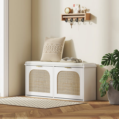 Hano Wooden White Boho Style Shoe Bench With Cushioned Seat And 2 Flip Drawers